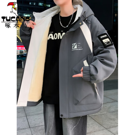 Woodpecker (TUCANO) autumn and winter youth velvet thickened cold-resistant warm jacket men's jacket cotton jacket junior high school and high school student top 807 beige velvet thickened 2XL recommended 140-160Jin Jin equals 0.5 kg