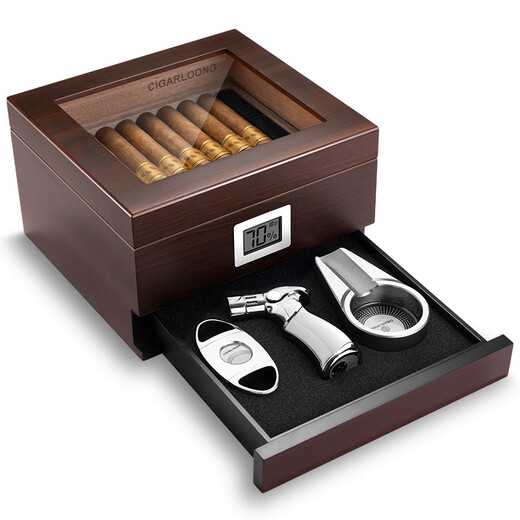 CIGARLOONG cigar humidor lighter cigar cutter ashtray four-piece set lined with cedar wood and ebony grain