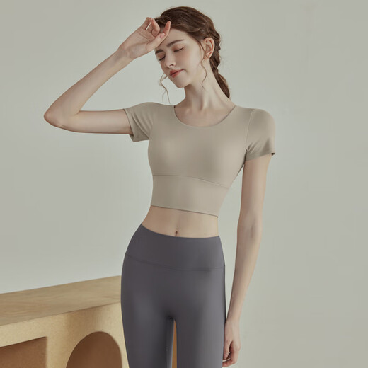佑游瑜伽服女士带胸垫运动普拉提短袖上衣发带二件套J32030DY浅粉 M