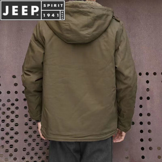 JEEP SPIRIT羊羔绒外套男短款宽松保暖连帽工装棉服休闲冬季加绒加厚棉衣夹克 卡其色【高品质】 XL 建议【130-150斤】