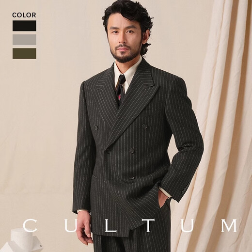 CULTUM1930s retro thickened wool suit suit men's banker striped double-breasted lapel business suit charcoal gray striped single suit M (50B)