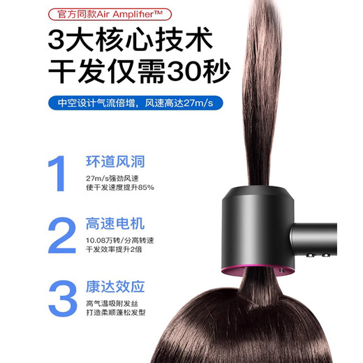 Dr.Flash high-speed hair dryer, home silent negative ion high-power hair dryer, constant temperature, non-harming hair dryer, fast drying, hair care, hair care, digital display, low noise, high-end recommendation, classic rose red (air nozzle + hanger + sticker)