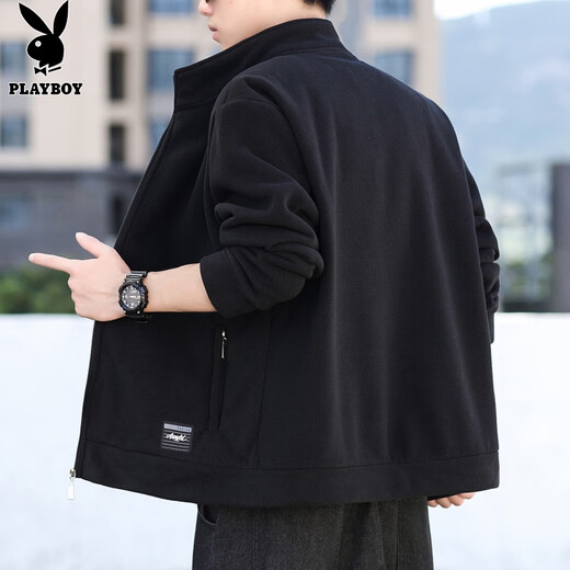 PLAYBOY Jacket Men's Jacket Men's Autumn and Winter Stand Collar Polar Fleece Loose Casual Top Black XL