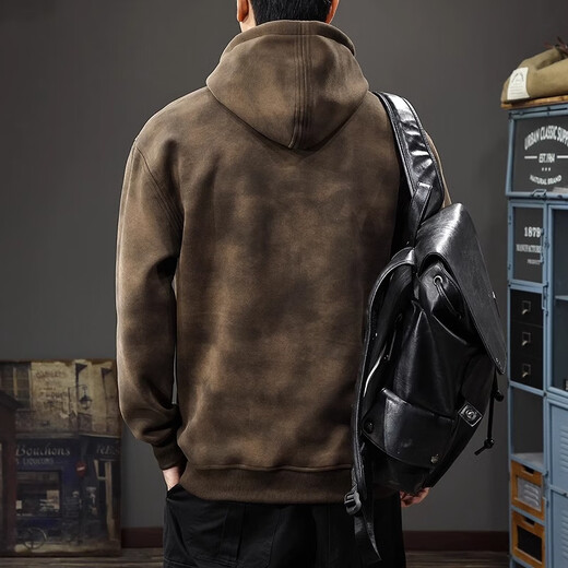 Chaotianshi autumn new style Medela dirty retro hooded sweatshirt men's loose letter stamped autumn and winter thickened long-sleeved jacket dark brown M 100-130Jin Jin equals 0.5 kg