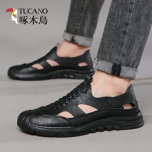 Specht echtes Leder -Kauflätschpferder erhöhte Lochschuhe für Männer Sommer neue 2024 Sandalen für Männer atmungsaktive hohle Männer lässig Innere 6629 Khaki/Innere erhöht 41