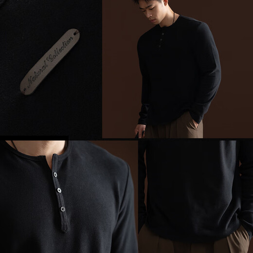 Monster Guardians long-sleeved fitness clothes for men, far infrared heating and warm sports tops, slim fit and skin-friendly two-color Henley shirt, black M