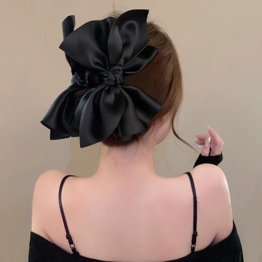 Xinghengmeng Big Bow Clip Women's 2024 High-end Face Revealing Small Back Head Hair Shark Clip Large Clip Hairpin Decoration Black Satin Bow Clip