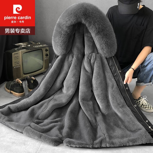 皮尔卡丹（pierre cardin）海宁派克服皮草大衣外套男款皮毛水貂绒獭兔毛内胆中长款冬季 灰色内胆-中长款 XL 建议115-130斤