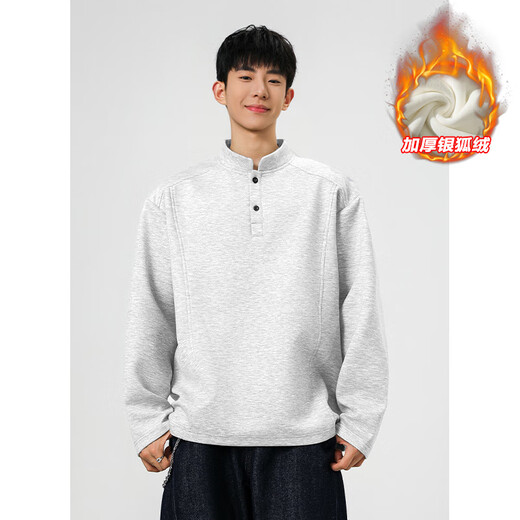 Unicorn cool gray retro Henry collar sweatshirt men's autumn and winter large size versatile bottoming shirt 350g American trendy brand long-sleeved T-shirt black plus velvet XL