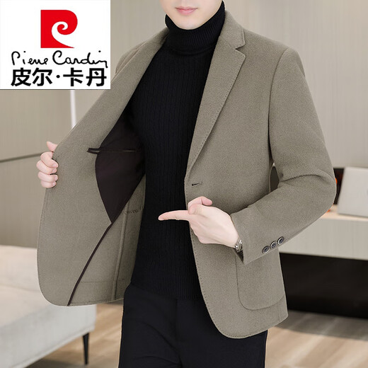 Pierre Cardin men's double-sided woolen coat short woolen suit jacket autumn and winter woolen suit wool single suit knitted camel M