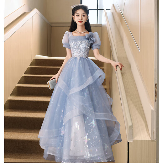 Yingwen blue evening dress 2024 new banquet style French student art exam niche host tutu skirt for women blue long L recommended 100-110 Jin Jin equals 0.5 kg