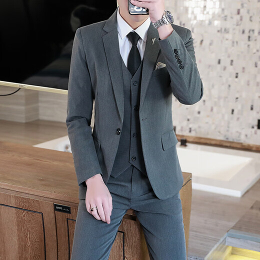 Playboy (PLAYBOY) suit men's Korean version slim fit groomsmen and grooms wedding dress business casual no-iron formal small suit jacket black suit + pants + shirt with waist tie 4XL