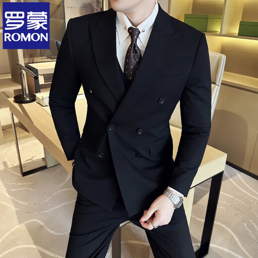 ROMON high-end double-breasted suit men's Korean version slim-fit groom's wedding dress sense business casual suit jacket black suit XL