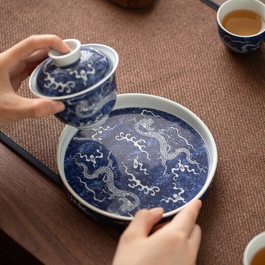 SUSHI CERAMICS National Trend Blue and White Tea Set Xianglong Cover Bowl Master Cup Teacup Kung Fu Tea Set
