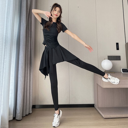 Love Dream Bird Running Sports Suit Women's Summer 2024 New Pilates Yoga Wear Gym Quick-Drying Clothes Fake Two-piece Skirt Suit/Blue + Blue M (Please refer to bust and waist for size selection)