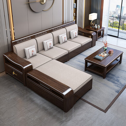 Mo Chen Sofa Purple Gold Sandalwood Solid Wood Sofa New Chinese Style Living Room Size Winter and Summer Corner Storage Furniture Four Seats + Imperial Concubine + Long Coffee Table