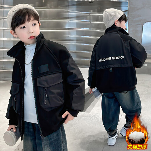 Katu Blue Cat Children's Wear Boys' Winter Jacket 2024 New Medium and Large Children's Thickened Autumn and Winter Boys' Street Ruff Handsome Cotton Clothes Trendy Black 150cm