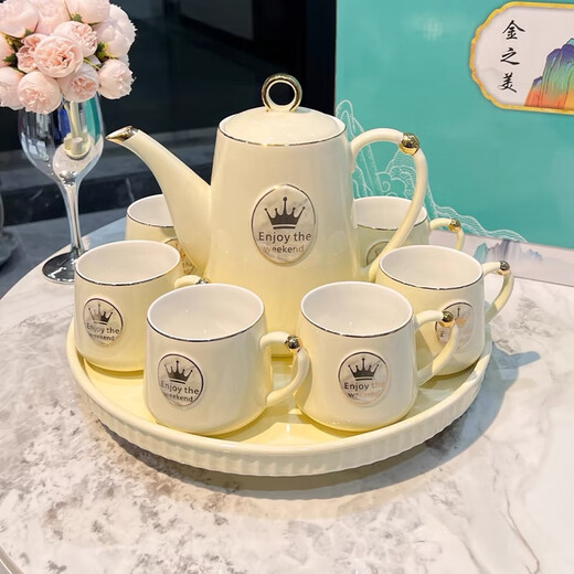 Ruishun tea set set, household water set, cup set, ceramic cup, kettle, tea cup, living room light luxury tea set, cream style crown water set set
