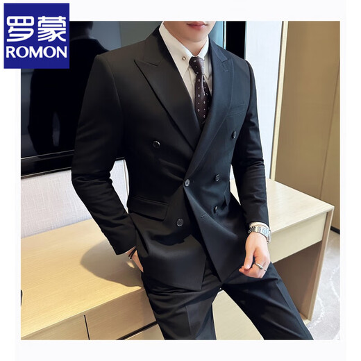 ROMON high-end double-breasted suit men's Korean version slim-fit groom's wedding dress sense business casual suit jacket black suit XL