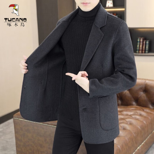 Woodpecker (TUCANO) 2025 woolen coat men's suit autumn and winter new suit short woolen coat business casual trend dark gray XL recommended 130-150Jin Jin equals 0.5 kg