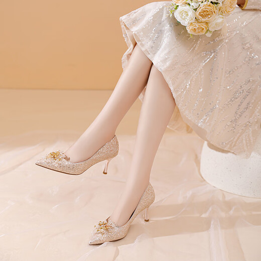 Daphne pointed toe high heels women's 2024 French style shoes, high-end and non-tiring bridal shoes, wedding shoes, champagne color 37