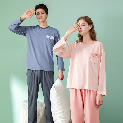 Fenton Anti-mite Pure Cotton Contrast Color Round Neck Casual Wearable Home Clothes Set Bean Paste Powder - Women's 2XL