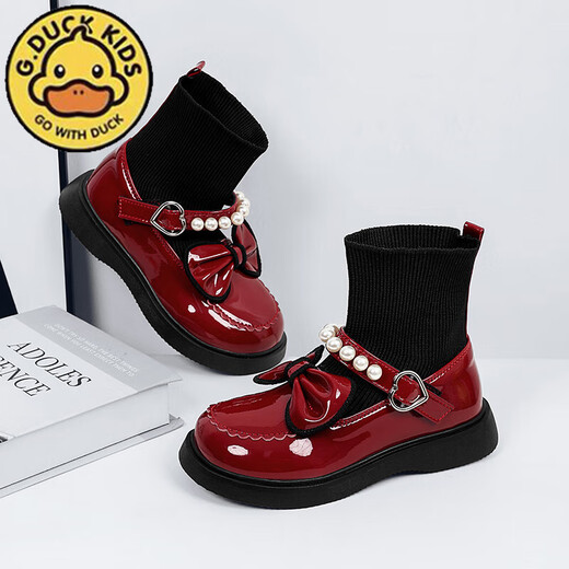 G.duck Little Yellow Duck Girls' Shoes Small Leather Shoes 2025 Children's Short Boots Princess Martin Boots Autumn and Winter Little Girls Black Boots HDL-Red 818 (Single Shoe) Size 37 Inner Length 22.9cm