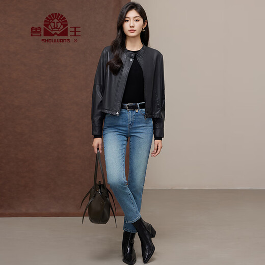 兽王（SHOUWANG）兽王单皮皮衣女2024秋季新款短款立领上衣真皮羊皮机车夹克外套潮 黑色 160/84A(38)