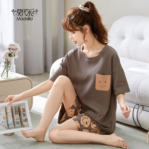 Modal 2024 pajamas for women in summer cotton thin style cute Korean style student short sleeve two-piece suit spring and autumn loose summer home fashionable maroon GXT6636 picture color L (recommended 95-115Jin [Jin equals 0.5 kg])