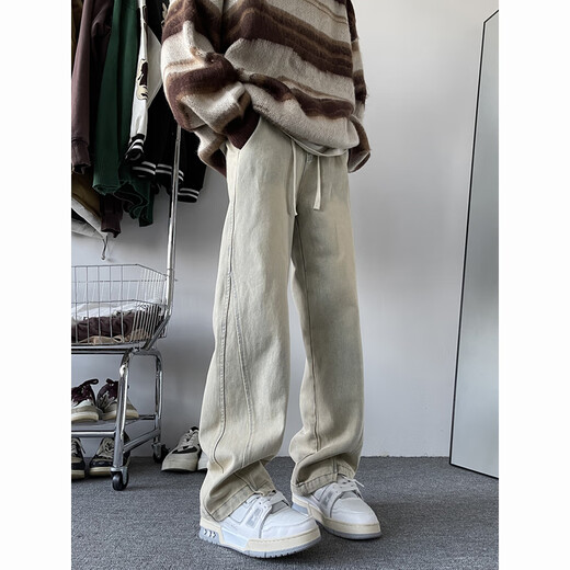 7家优品水洗做旧牛仔裤男士冬季新款高街美式阔腿工装潮流宽松直筒裤子 JSH- M757-黑色 XL