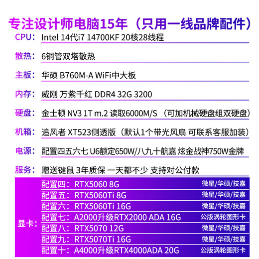 Zongheng Zhuochuang designer graphics workstation video editing 20-core i7 14700KF/RTX5060Ti 16G/2000ADA modeling rendering drawing assembly desktop computer host configuration six i7 14700KF+5060TI 16G