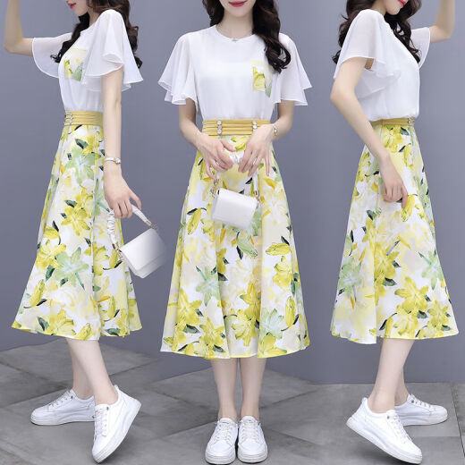 
YOEKBIRD French sweet chiffon dress for women in summer 2025 new temperament waist-hugging floral skirt two-piece set 9767# pink original spot set S