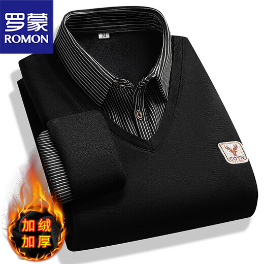 ROMON men's shirt fake two-piece winter thick clothes warm sweater middle-aged and elderly dad's base shirt men's plus velvet gray XL