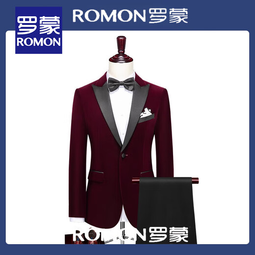 ROMON Burgundy Gold Velvet Suit Men's Stage Host Banquet Groom Velvet Evening Dress Suit Jacket Men's Red Lapel Collar (Velvet) Suit + Pants 2XL