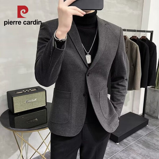 Pierre Cardin spring and autumn thickened woolen small suit men's jacket high-end casual Korean style handsome suit men's knitted brown woolen suit 3-piece set XL