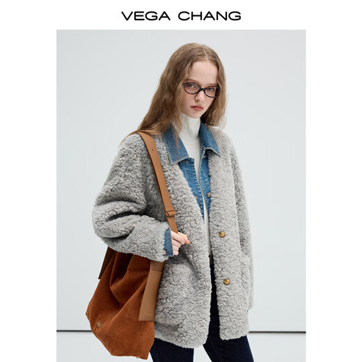 VEGA CHANG皮毛一体外套女2025年秋冬新款牛仔拼接假两件毛绒上衣 藜麦灰 S