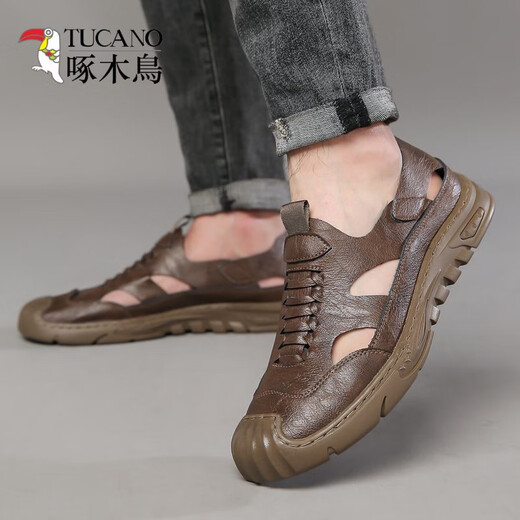Specht echtes Leder -Kauflätschpferder erhöhte Lochschuhe für Männer Sommer neue 2024 Sandalen für Männer atmungsaktive hohle Männer lässig Innere 6629 Khaki/Innere erhöht 41