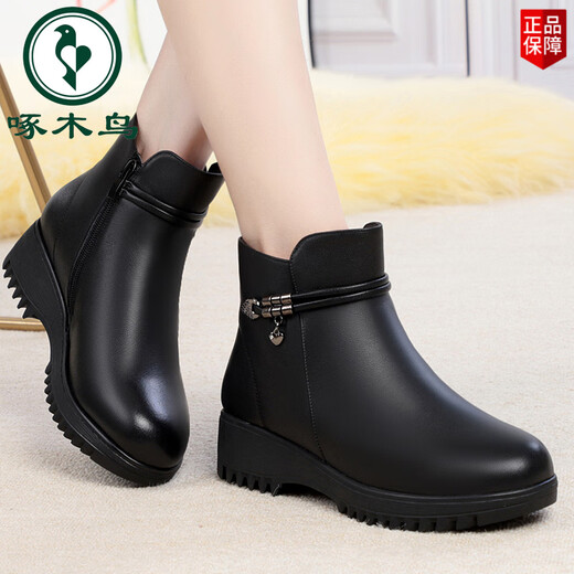 Woodpecker full cowhide short boots for women genuine leather wedge flat mother cotton shoes winter plus suede leather shoes wool winter shoes large size women's boots black full cowhide + thickened pure wool lining 37