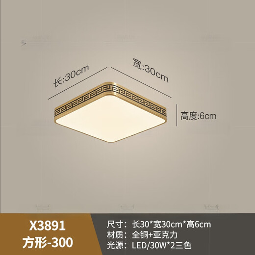 禾灵室外吸顶灯防虫防水进门灯中式别墅全铜超薄入户灯花园露台阳台灯 X3891/方形30CM/三色可调
