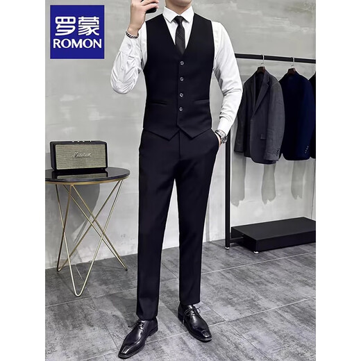 Luo Meng Suit Vest Suit Suit Male Wedding Groomsmen Group Dress Business Casual Large Size Work Clothes Vest Professional Wear LT8801 Black Vest XL (175)