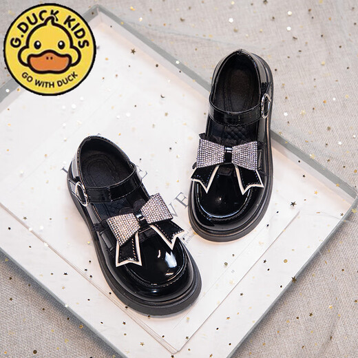 G.duck Little Yellow Duck Girls' Small Leather Shoes Spring and Autumn Fashion Bow Black Little Girls Black British Style Performance Shoes Casual HDL-Black 820 (Leather) Size 37 Inner Length 23.5cm
