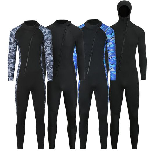Gumuni cross-border 3MM one-piece wetsuit for men in the sea, cold-proof wetsuit, warm swimsuit, snorkeling paddleboard surfing, 3mm camouflage blue hooded 4XL