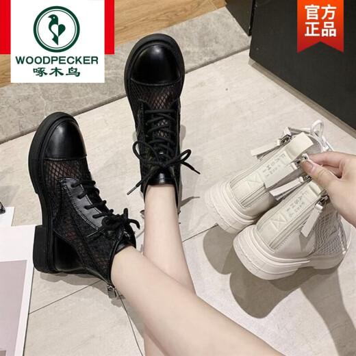 啄木鸟品牌新款马丁靴女2025夏季薄款高帮鞋镂空网纱休闲透气网靴 黑色 37