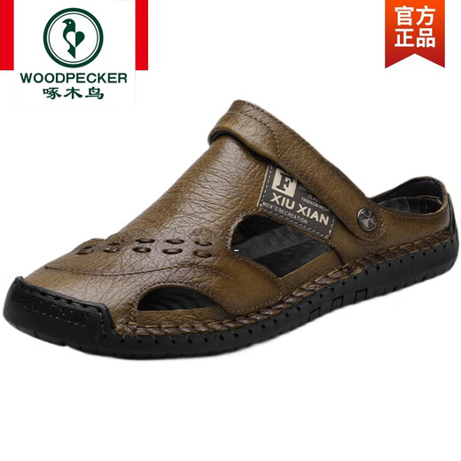 Woodpecker brand sandals men's leather top layer cowhide sandals summer breathable outdoor non-slip casual soft-soled beach shoes Black A689 41