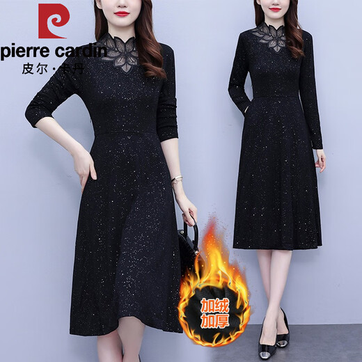 Pierre Cardin velvet thickening coat bottoming dress for women in autumn and winter new style mom fashion slim long-sleeved skirt black velvet 3XL recommended 135-150Jin Jin equals 0.5kg