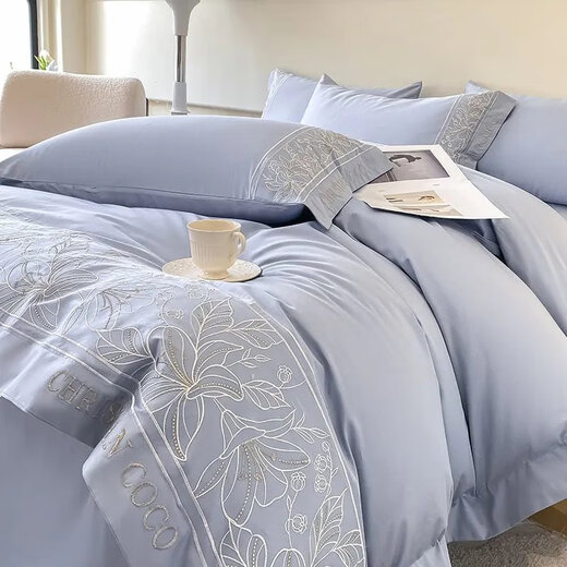 Crystal Home Textiles European Maternal and Infant Long Staple Cotton Four-piece Set Pure Cotton Light Luxury Embroidered Quilt Cover Sheet Sheet Fitted Sheet Full Cotton Upgraded Baby Grade Heavy Embroidery * Starry Blue * Suitable for 1.8m bed Four-piece Set * Quilt Cover 2x2.3m