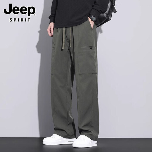 JEEP SPIRIT高档机能工装裤子男士秋冬款加绒加厚直筒伞兵运动休闲长裤男 9856军绿色 加绒 L 推荐【111-120斤】