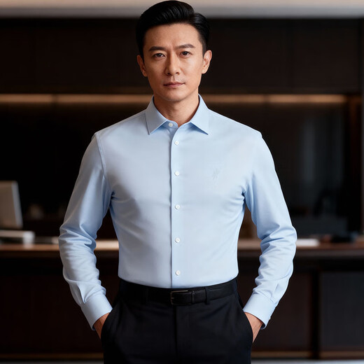 Ou Ding double air lock first class winter warm gray snow white Haokong blue high elastic plus velvet shirt men's warm spring shirt blue Haokong blue 42 (recommended 140-155Jin Jin equals 0.5 kg)