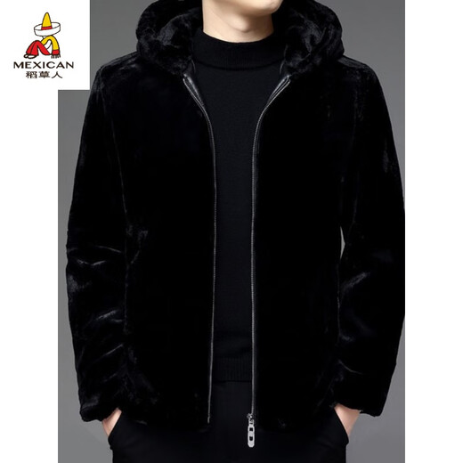 Scarecrow (MEXICAN) 2024 autumn and winter full mink Haining imitation fur coat men's short warm hooded plus velvet thickened men's mink coat black hooded gold mink velvet 6XL195-215Jin Jin is equal to 0.5 kg