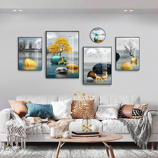 
Mohu (mohu) living room decoration painting sofa background wall mural modern simple landscape landscape painting TV wall high-end new style hanging painting Fulu Xiangsui 15941 (including wall clock) tempered crystal porcelain large combination - black frame